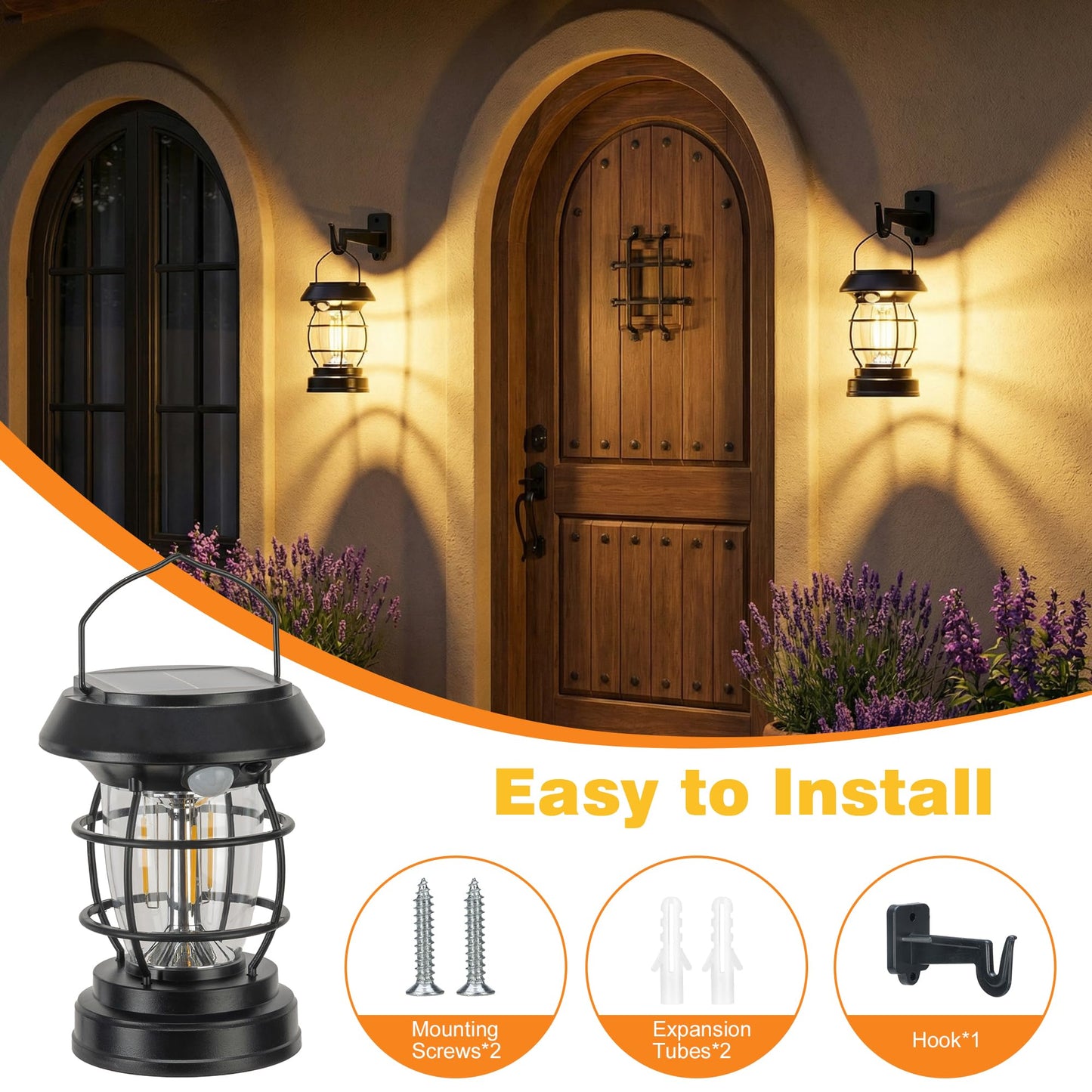 2 Pack Solar Wall Lanterns with 4 Modes, Solar Motion Sensor Lantern IP65 Waterproof Camping Lantern , Exterior Camping Light Front Porch Security Lamps Wall Mount Patio Fence Garage Decorative
