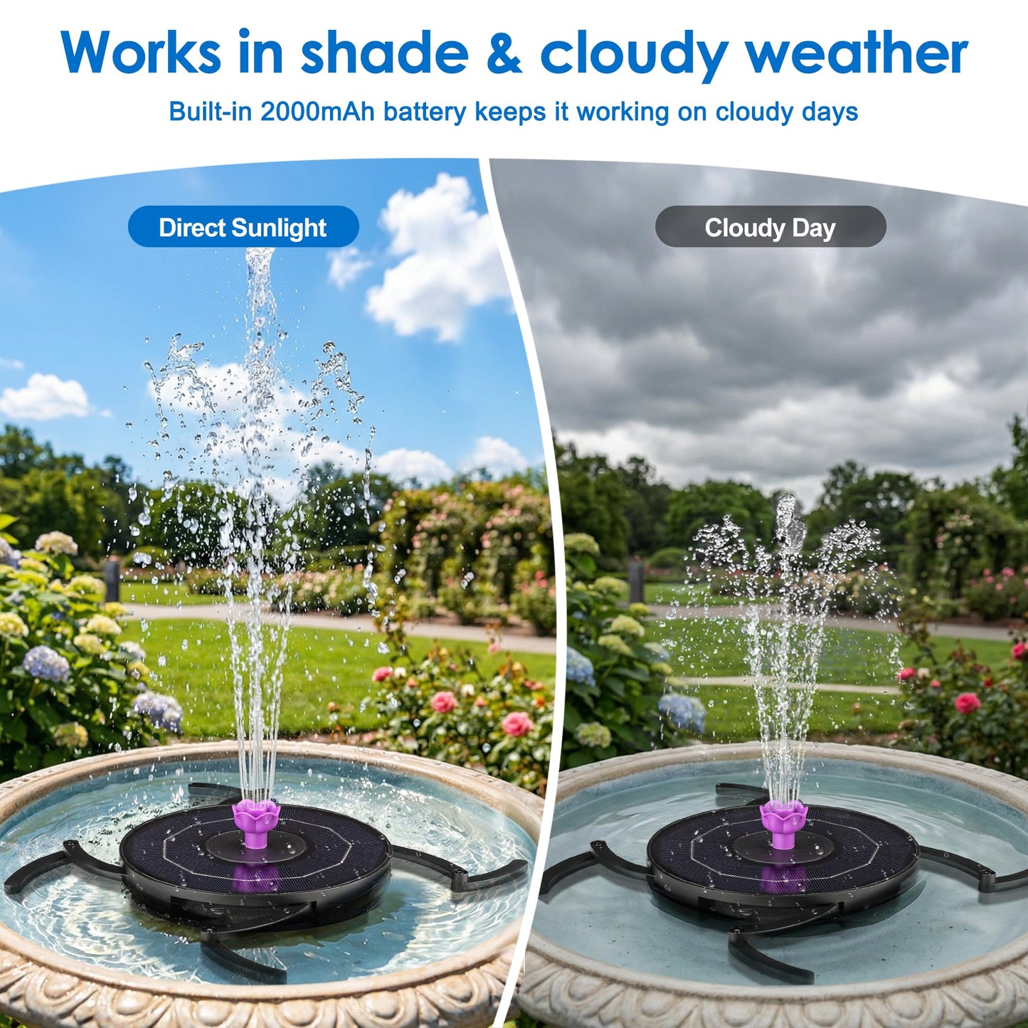 VOROSY Solar Powerd Fountain, Works in Cloudy with 2000mAh Battery Backup, Solar Bird Bath Fountain with 4 Adjustment Rods, 7 Nozzles, Outdoor Water Fountain for Brid Bath, Garden, Pool, Pond
