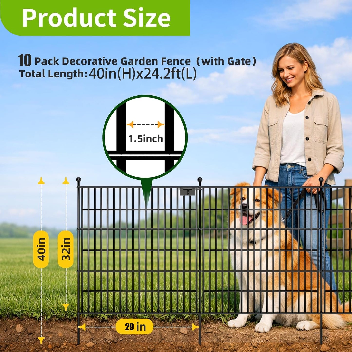 Toolterritary 10 Panels No Dig Garden Fence with Gate, 32 in(H) X24.2 ft(L) Metal Fence Panels, Thickened Rustproof Garden Fencing, Animal Barrier Fence for Dogs, Rabbits, and Patio