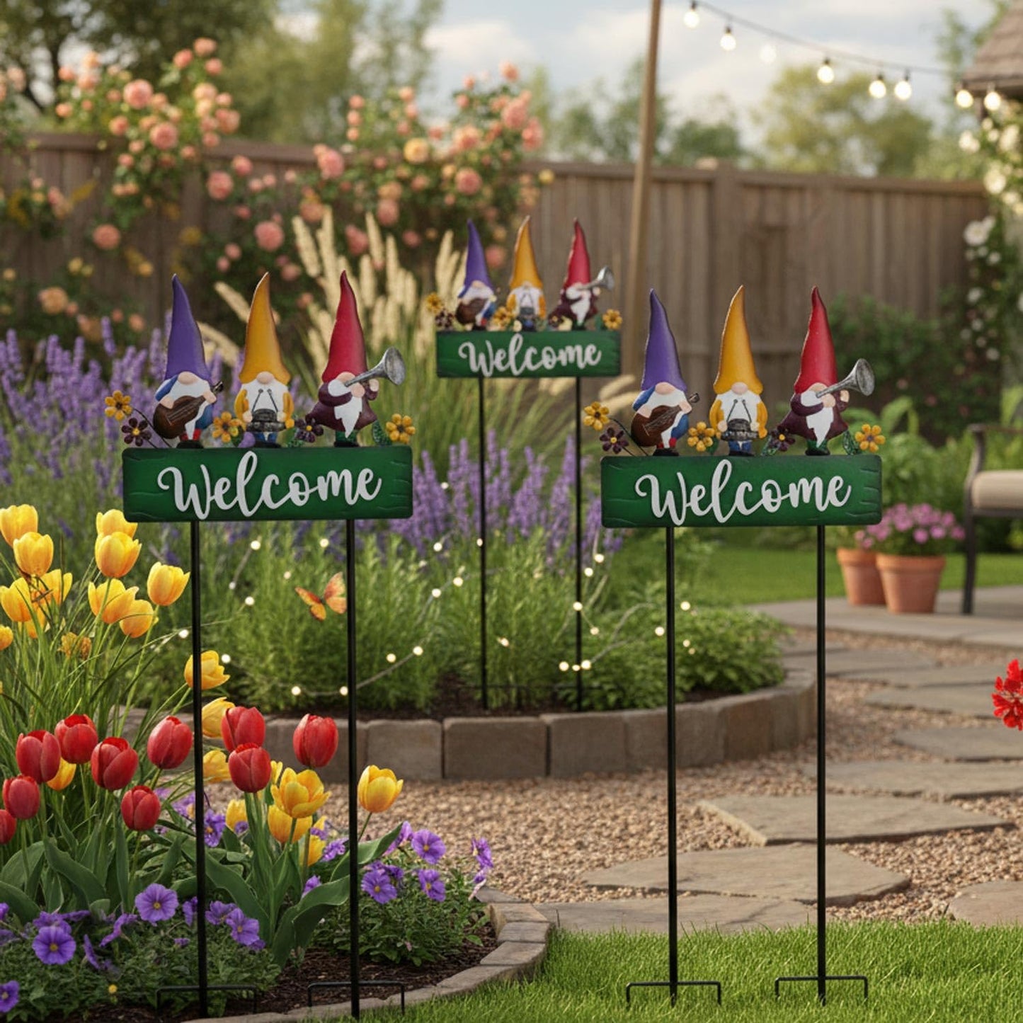YHSOLAR Spring Gnomes Decorations for Yard with Garden Welcome Sign, Large 43.3inch Musical Gnome Decorative Garden Stakes Metal Yard Art for Outdoor Lawn Decorations