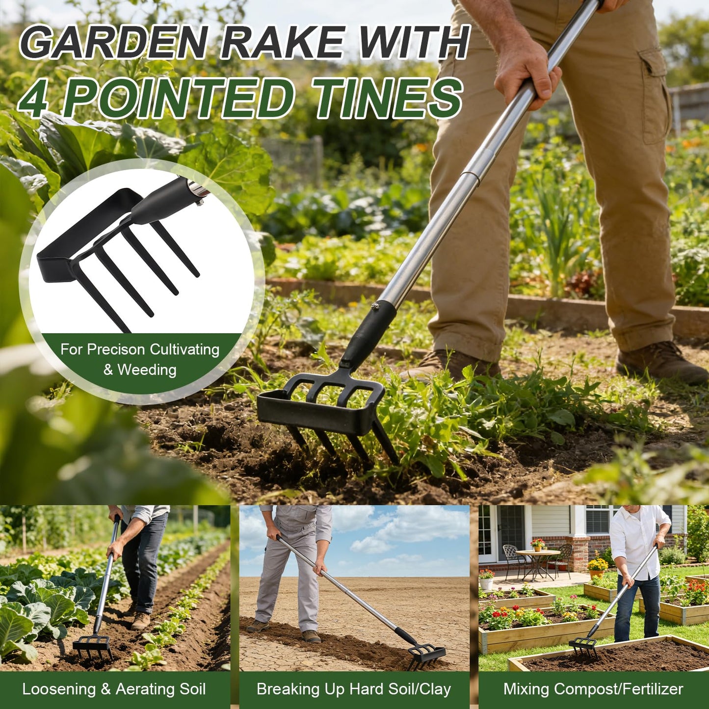 REILEIHODE Hoe Garden Tool for Weeding 2-in-1 Heavy Duty Metal Stirrup Hoe 4 Tines Prong Weed Hoe with 25-74 inch Long Adjustable Handle for Women Kids Men