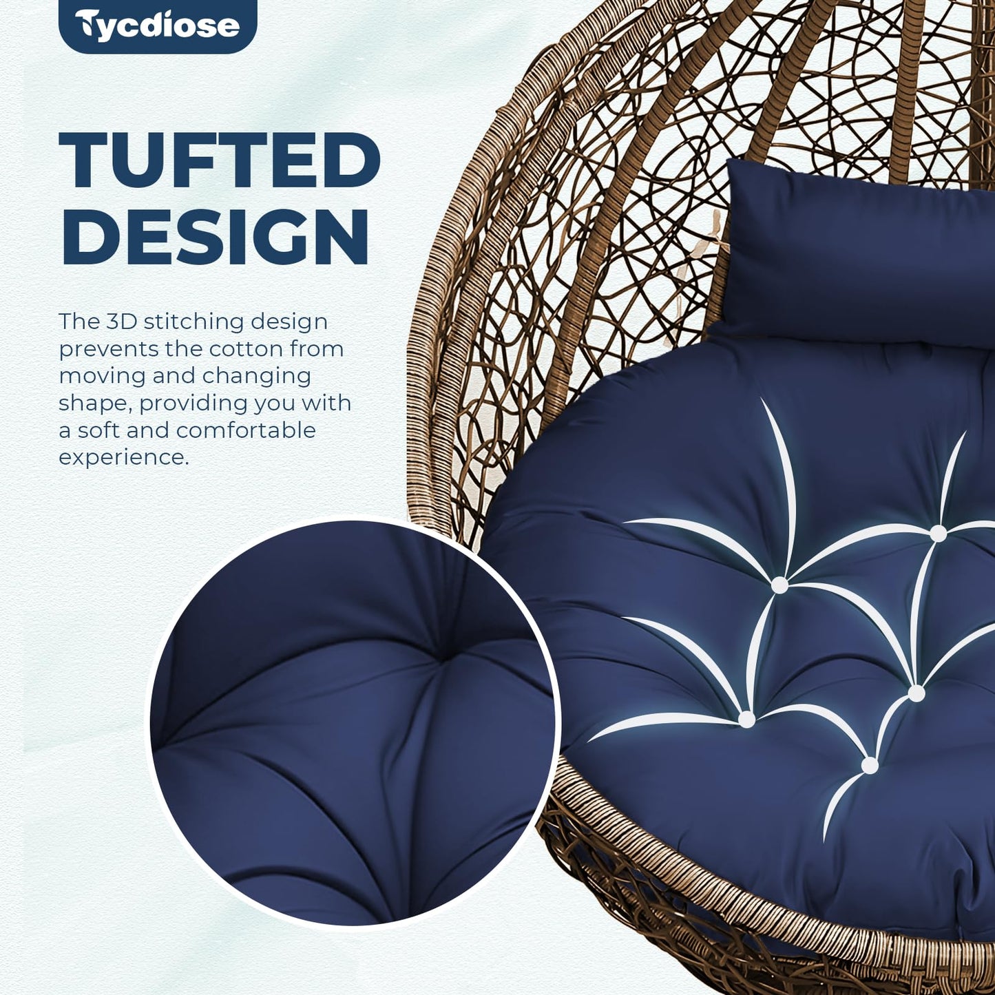 Tycdiose Outdoor Swing Egg Chair Cushion Waterproof, Thicken Hanging Basket Egg Chair Cushion Replacement Papasan Chairs Cushions with Headrest Pillow, Larger Round Cushions for Eggs Chairs (Blue)
