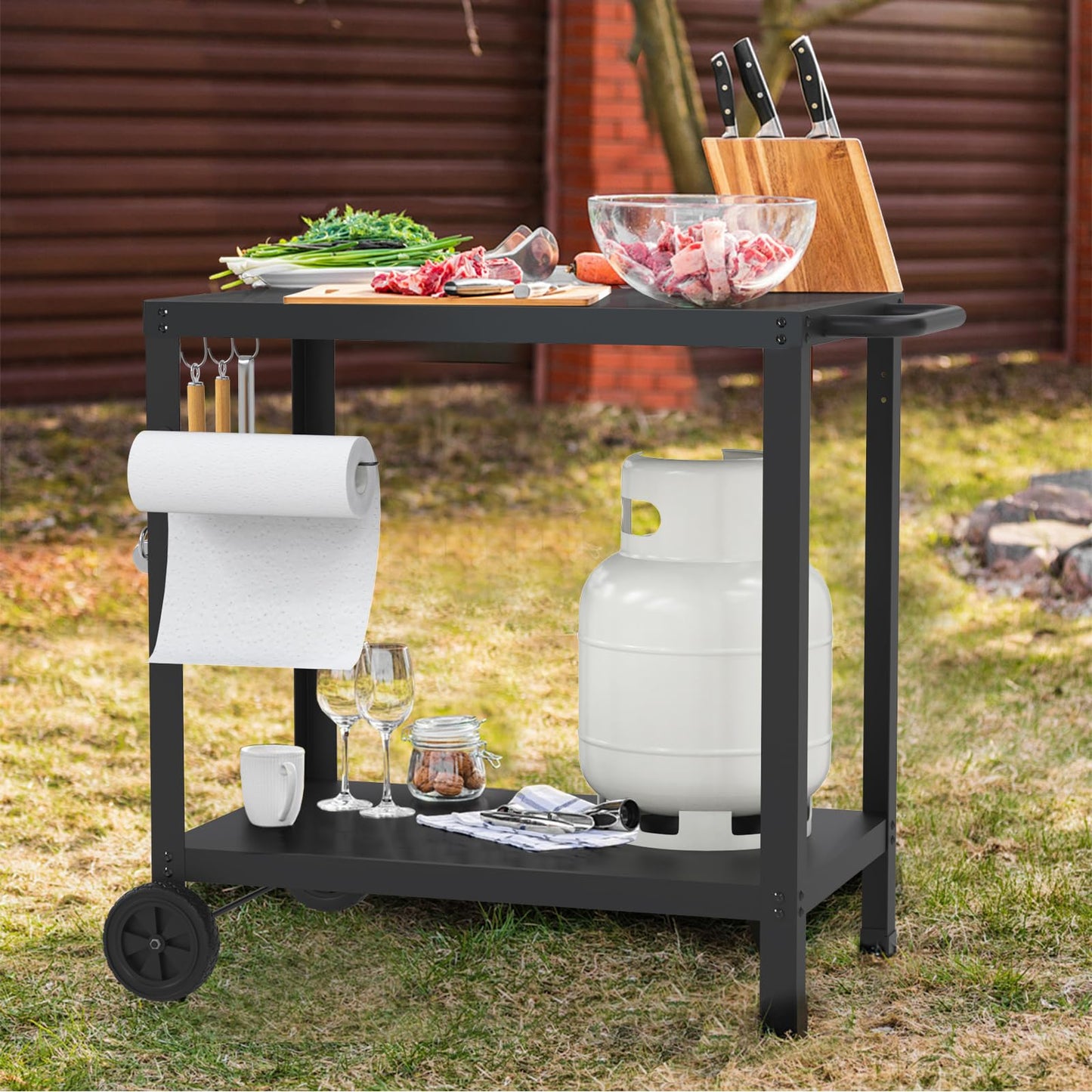 32x20IN Double-Shelves Grill Table, Outdoor Grill Cart for Blackstone Griddle, Movable Pizza Oven Table Cart for Outside Patio, Kitchen Cooking Food Prep Table for Party