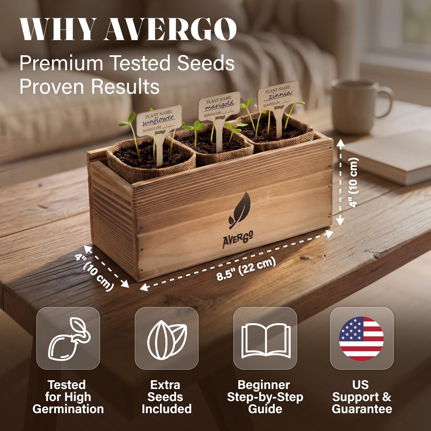 AVERGO Sunflower, Marigold & Zinnia Flower Seeds Growing Kit | Complete Indoor & Outdoor Kit with Seeds for Planting, Planters, Soil, Tools, Instructions