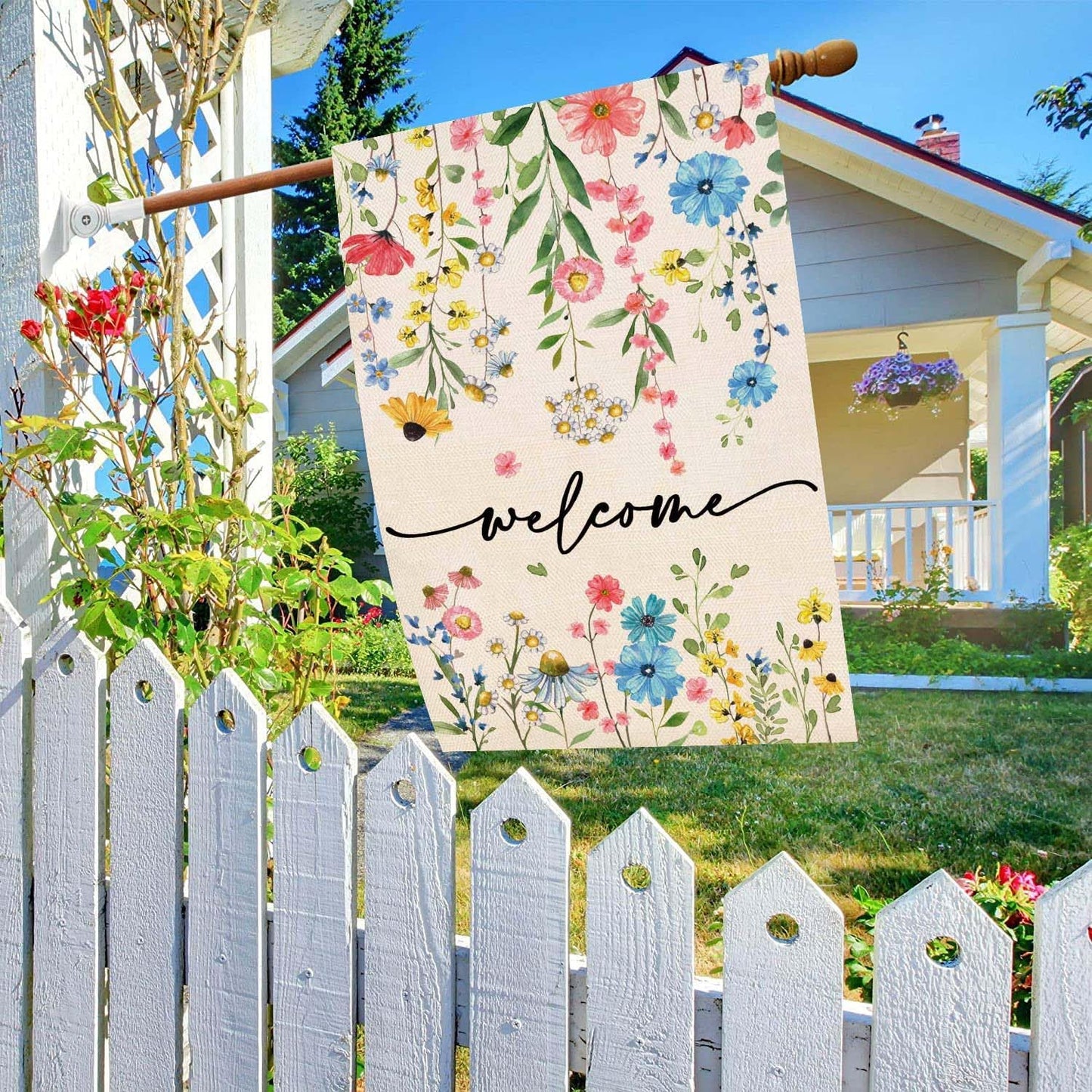 Baccessor Spring Summer Welcome Floral House Flag 28x40 Inch Double Sided Large Yard Flag Outside Outdoor Seasonal Burlap Flowers Flags Home Patio Decoration