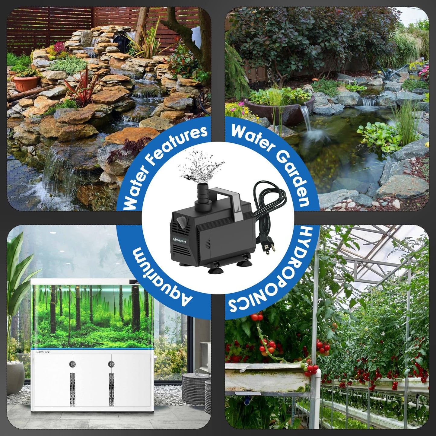 VCRAZE Submersible Water Pump 880GPH/45W Fountain Pumps with Flow Control, Pond Pump Submersible Outdoor with 10ft 3-Core Power cable for Hydroponics, Aquarium, Waterfall, Statuary, Water feature