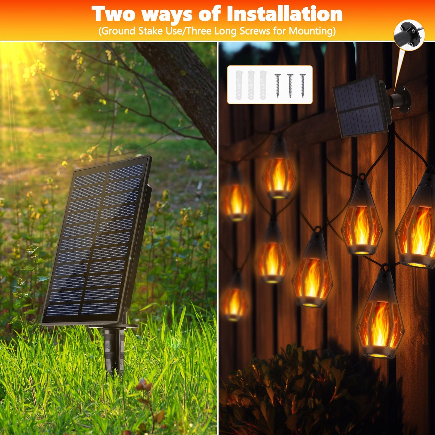 iBaycon Solar Flame Lights, 42Ft 15 LED Bulbs Flickering Flame String Light, Outdoor Waterproof Solar Flame Lights for Garden Yard Lawn Patio Decorations (Warm White)