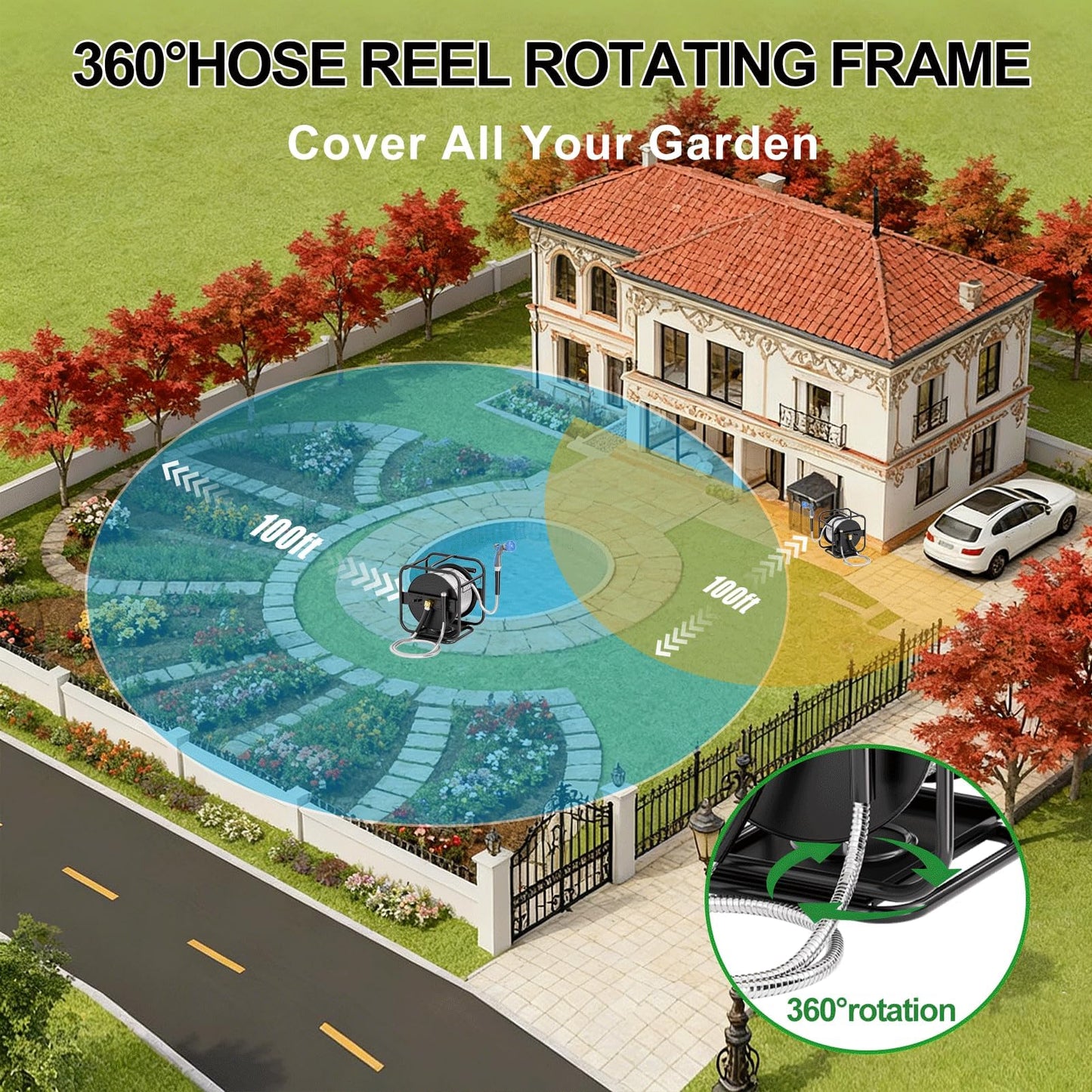 SPECILITE Upgraded Metal Garden Hose Reel With 100 Ft 304 Stainless Steel Water Pipe, Heavy Duty Anti-UV Wall Mount/Freestanding Spool with Nozzle, 3/4'' Brass Fittings, 360° Rotation Frame for Yard