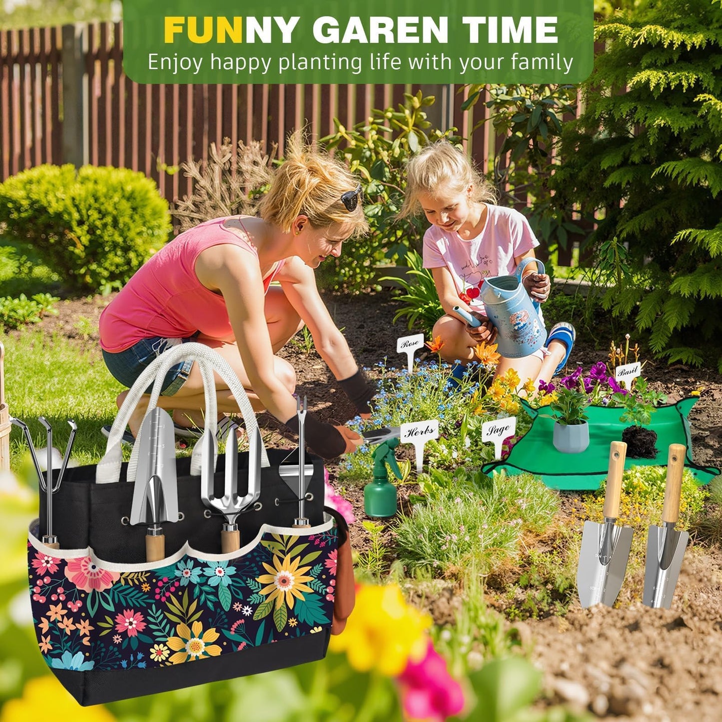 22Pcs Gardening Tools Set for Women Heavy Duty Garden Hand Tool Kit Garden Gifts for Mom Beginner Gardening Accessories with Tote Bag/Shovel/Repotting Mat/Plant Labels/Gloves-Black