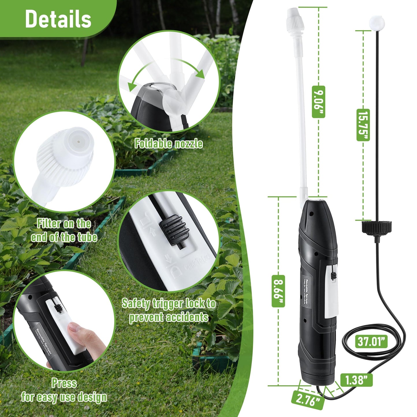 Qualirey Battery Powered Sprayer Wand with Holster, Foldable Nozzle Fits 38mm Cap 1 Gallon Jugs, Electric Weed Bug Ant Killer for Beach Cleaning, Gardening, Lawn and Disinfecting(Black)