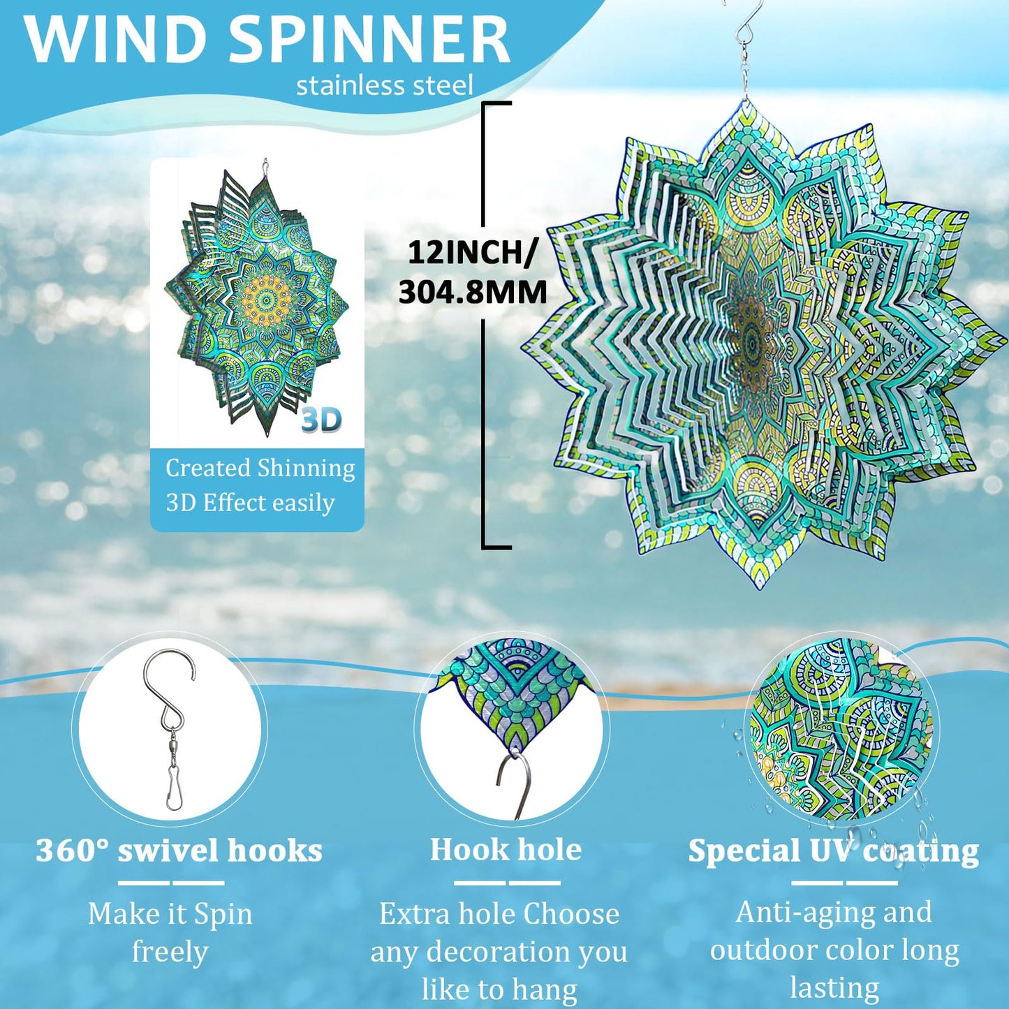 Hippolytusiart Wind Spinner Mandala Peacock Flower for Yard and Garden,12Inch Wind Spinners Outdoor Kinetic Yard Art Decorations,Garden Gifts for Women Mother Mom Father Men,3D Hanging Wind Sculptures