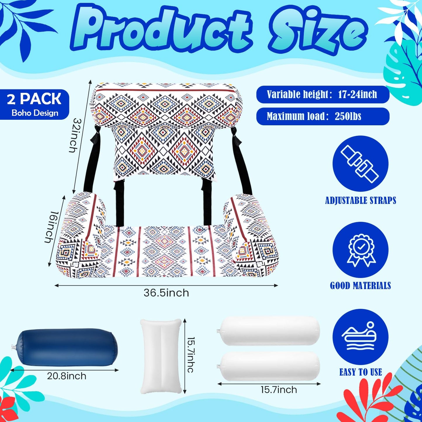 Threehoney 2 Pack Large Pool Chair Floats Adult Inflatable Pool Lounge Chair Summer Pattern Water Floating Chair Adjustable Pool Float Hammock for Swimming Pool Beach Party Game(Native Pattern)