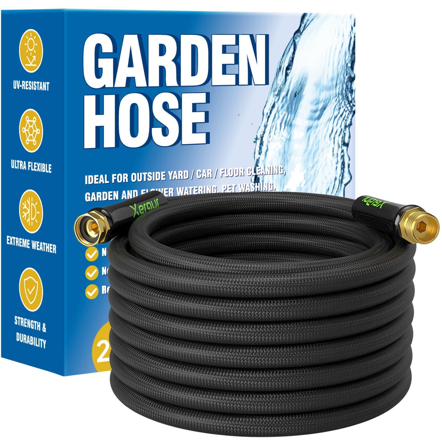 Flexible Garden Hose Water Pipe - 25FT Lightweight Garden Water Hose, Portable Patio Hose with Solid Brass Fittings and Double Latex Core for Pet Washing, Black