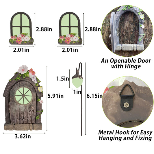 FESTGLOX Fairy Door and Windows for Tree, Glow in the Dark Fairy Garden Miniature Accessories for Tree Stump Decor, Resin Fairy House Kit with Fairy Lantern for Gnome, Outdoor Yard, Lawn, Garden Decor