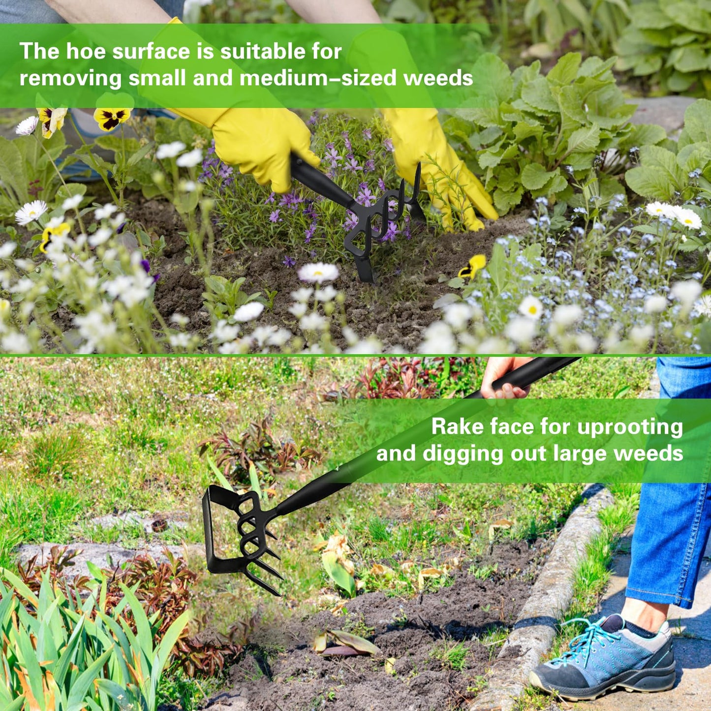 Elegital Hoe Garden Tools with Rake Tiller,30-62 inch Adjustable Long Handle Stirrup Hoe Rake,Hand Hoe/Sickle,Heavy Duty Rake Tiller for Digging,Weeding and Loosening Soil