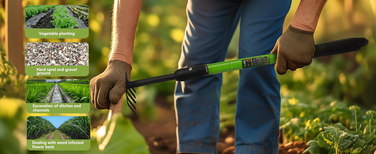 Garden Rake - Small Rake for Gardening with Telescopic Adjustable Handle (27-39”), Mini Rake for Tight Spaces, Flower Beds, Pots - No Bending & Elderly Friendly, Non-Slip Small Garden Rake
