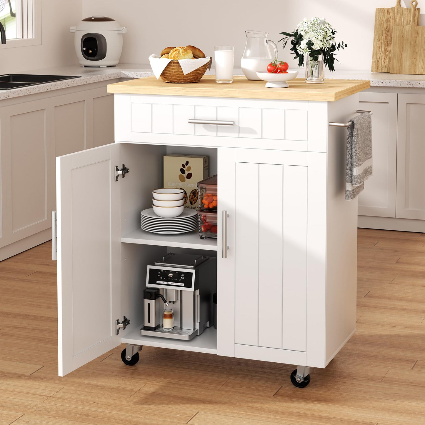 Shintenchi Kitchen Island cart with Storage, Portable Bar Cabinet on Wheels, Rolling Microwave Cart Side Table with Workstation for Kitchen, Dinning Room, White
