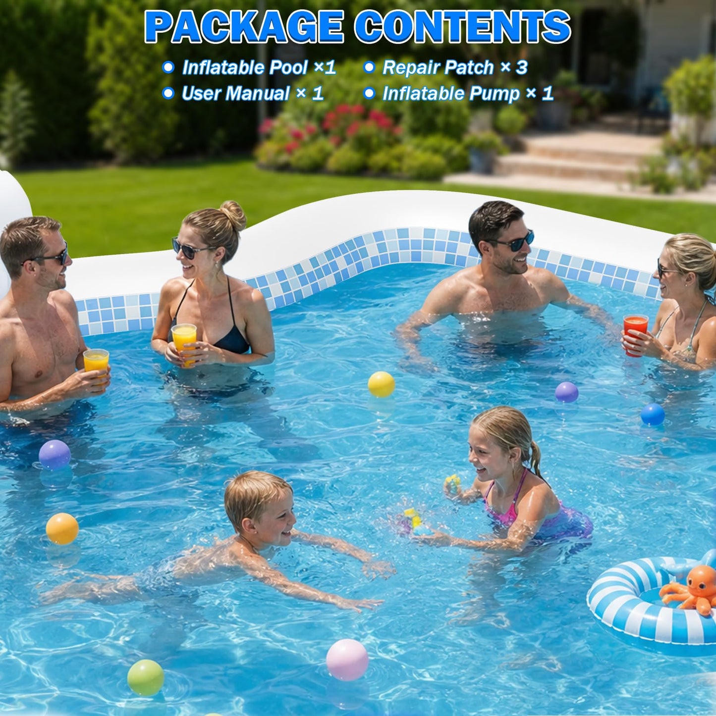 ALSTU Extra Large Inflatable Pool with Pump, 121" X 90" X 22" Full-Sized Blow Up Pool with Seats for Adults, Family Inflatable Swimming Pool for Summer Water Party Backyard Garden Lawn