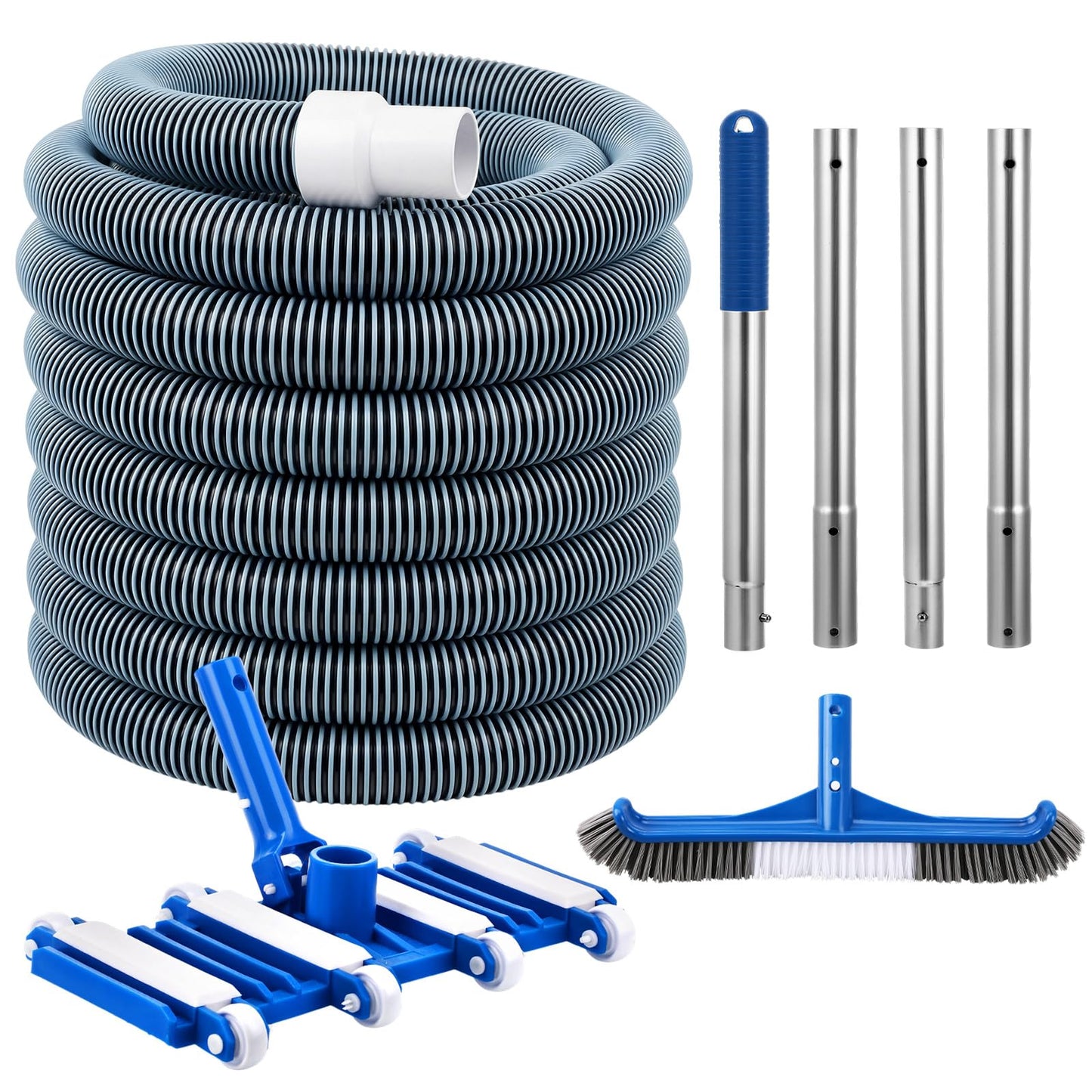 Innconee 4 Pcs Swimming Pool Cleaning Kit Including Pool Vacuum Head with 1-1/2" x 30 ft Hoses Flexible Head with Wheels and Pole 14 '' Cleaning Brush for Inground Above Ground Swimming Supplies