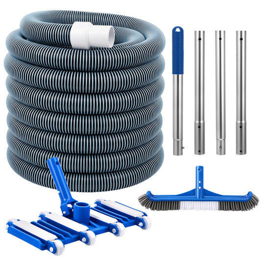 Innconee 4 Pcs Swimming Pool Cleaning Kit Including Pool Vacuum Head with 1-1/2" x 30 ft Hoses Flexible Head with Wheels and Pole 14 '' Cleaning Brush for Inground Above Ground Swimming Supplies