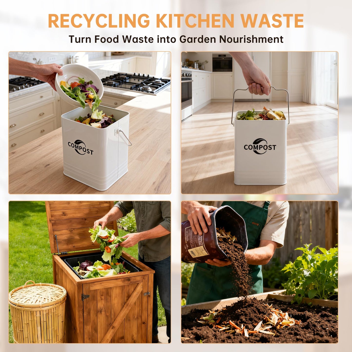 Candco Kitchen Compost Bin, 1.7 Gallon Countertop Compost Bin with Lid and Charcoal Filter, Kitchen Composter for Food Waste, Rust Proof Indoor Bucket, White