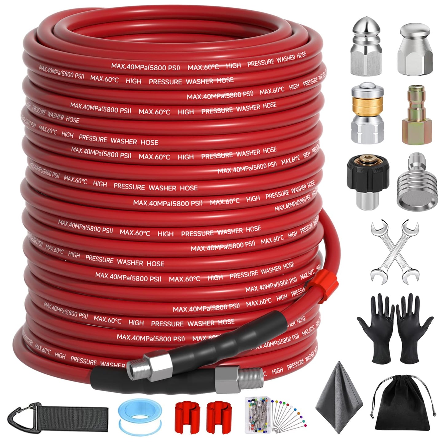 Sewer Jetter Kit 150FT for Pressure Washer, 5800 PSI Drain Cleaner Hose 1/4 Inch NPT with Spray Nozzle, Button Nose and Rotating Sewer Jetting Nozzle, Spanner Teflon Tape Pearl Corsage Pin