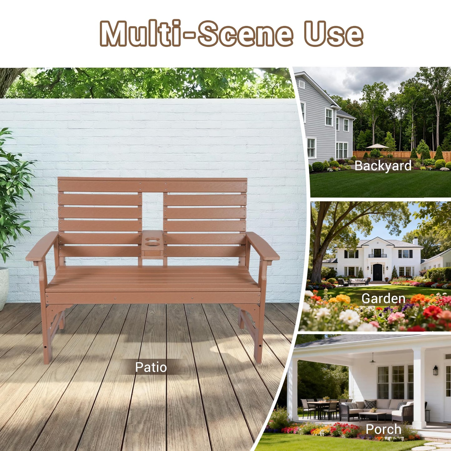 WENTUM Outdoor Bench with Cup Holders, HDPE 2-Person Weatherproof Patio Benches, Fade/Rot Resistance, Garden Bench for Front Porch Backyard Park, Brown