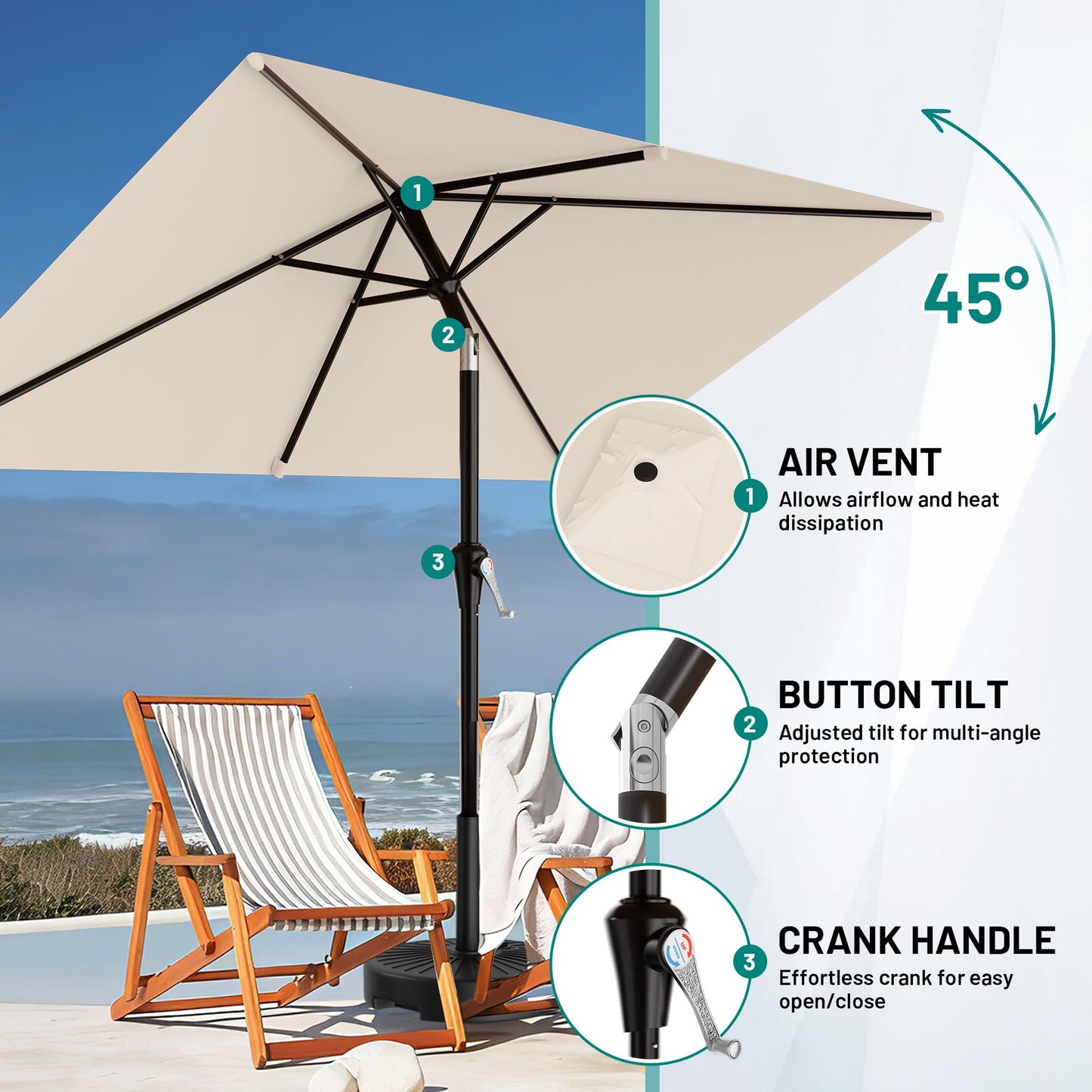 AreShark 6.5' x 10' Rectangular Patio Umbrellas for Outdoor, Outdoor Table Umbrella, Large Outdoor Patio Umbrellas with 6 Sturdy Ribs for Pool, Garden, Deck & Market (Cream-White)
