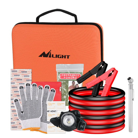 Nilight Car Emergency Kit with Jumper Cable, First Aid Kit Tire Pressure Gauge, Safety Assistance Tools for Travel Camping Outdoor Cars Truck SUV RV, Roadside Basic Essentials