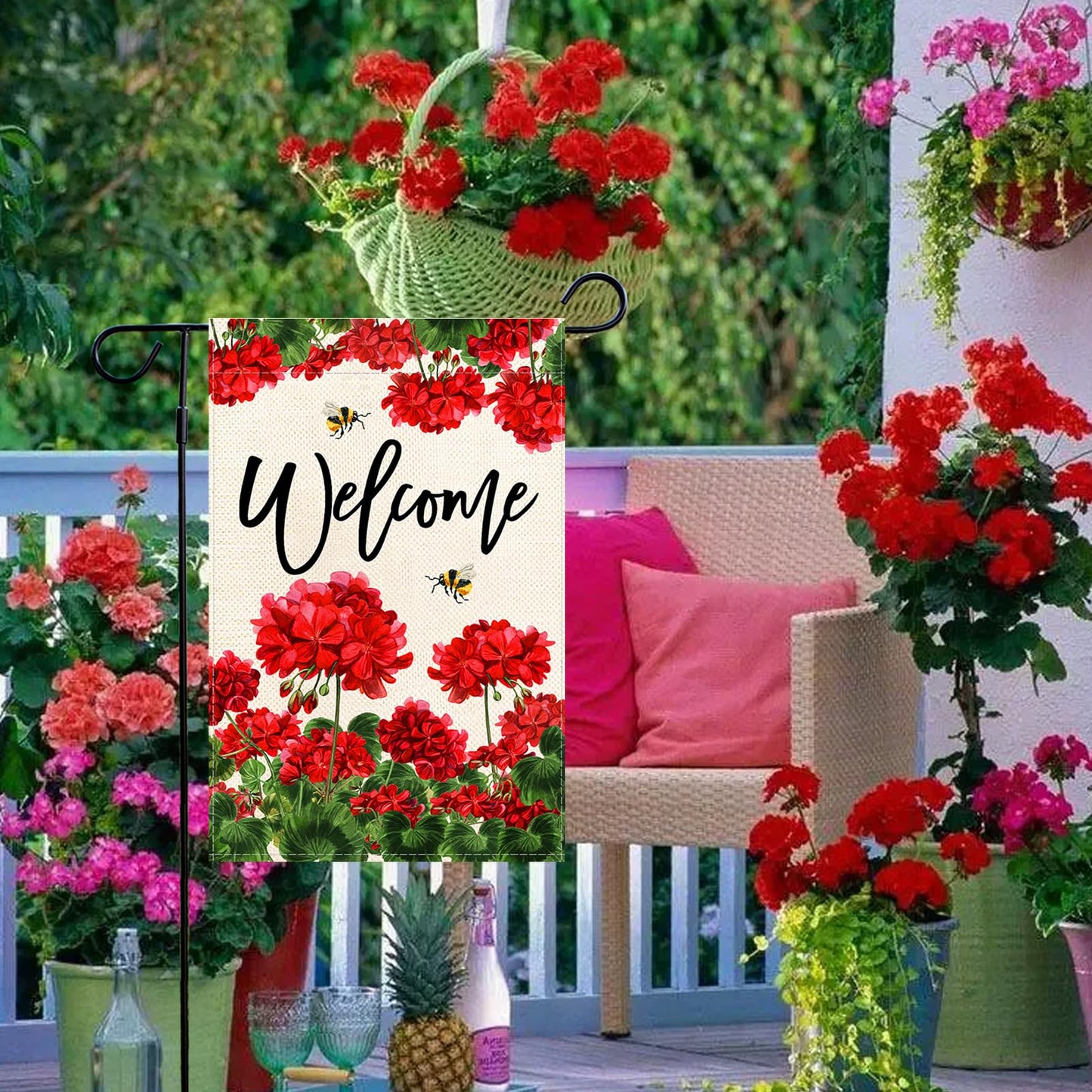Baccessor Spring Summer Geranium Welcome Garden Flag Double Sided Summer Bee Red Floral Small Burlap Yard Flag House Seasonal Farmhouse Outside Outdoor Decoration 12.5 x 18 Inch