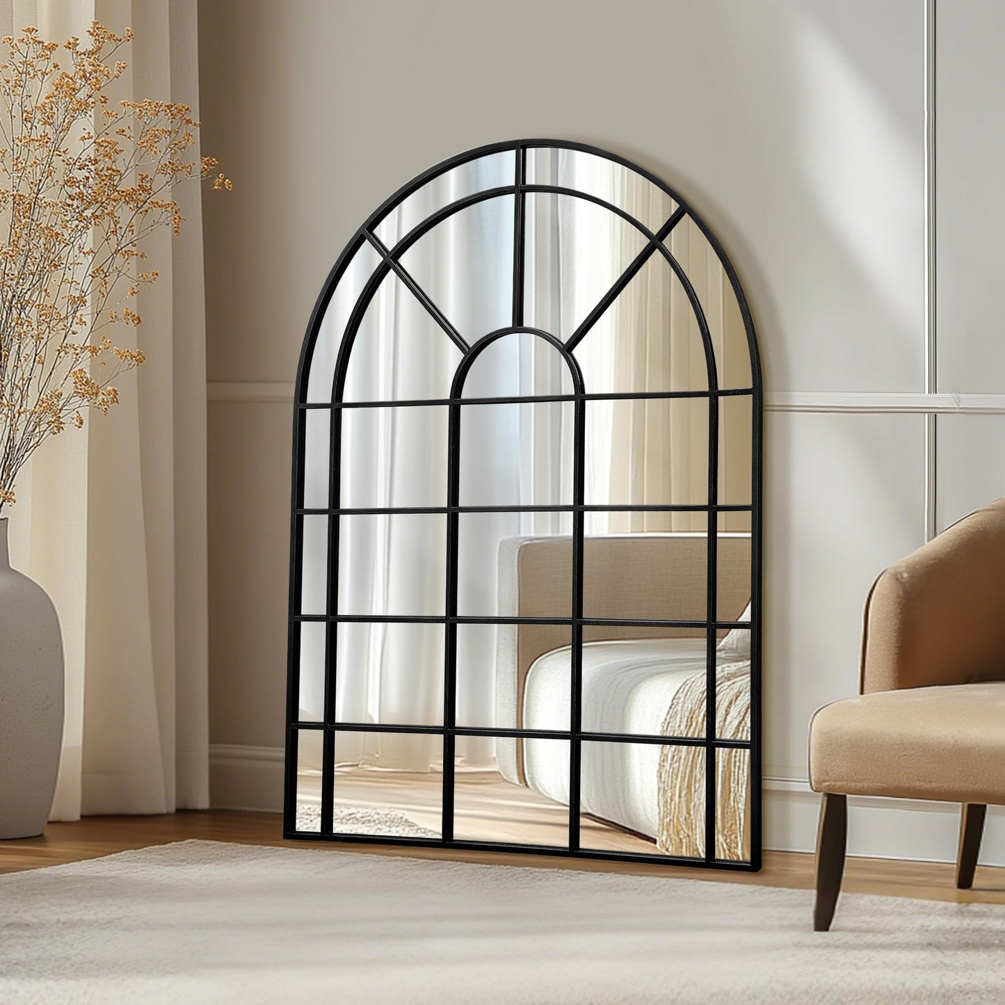 Besdomus Large Arched Window Mirror: 29"x42" Black Classic Farmhouse Wall Mirror - Wall Decor for Fireplace/Entryway/Hallway/Living Room - Ideal for Home Decor Enthusiast