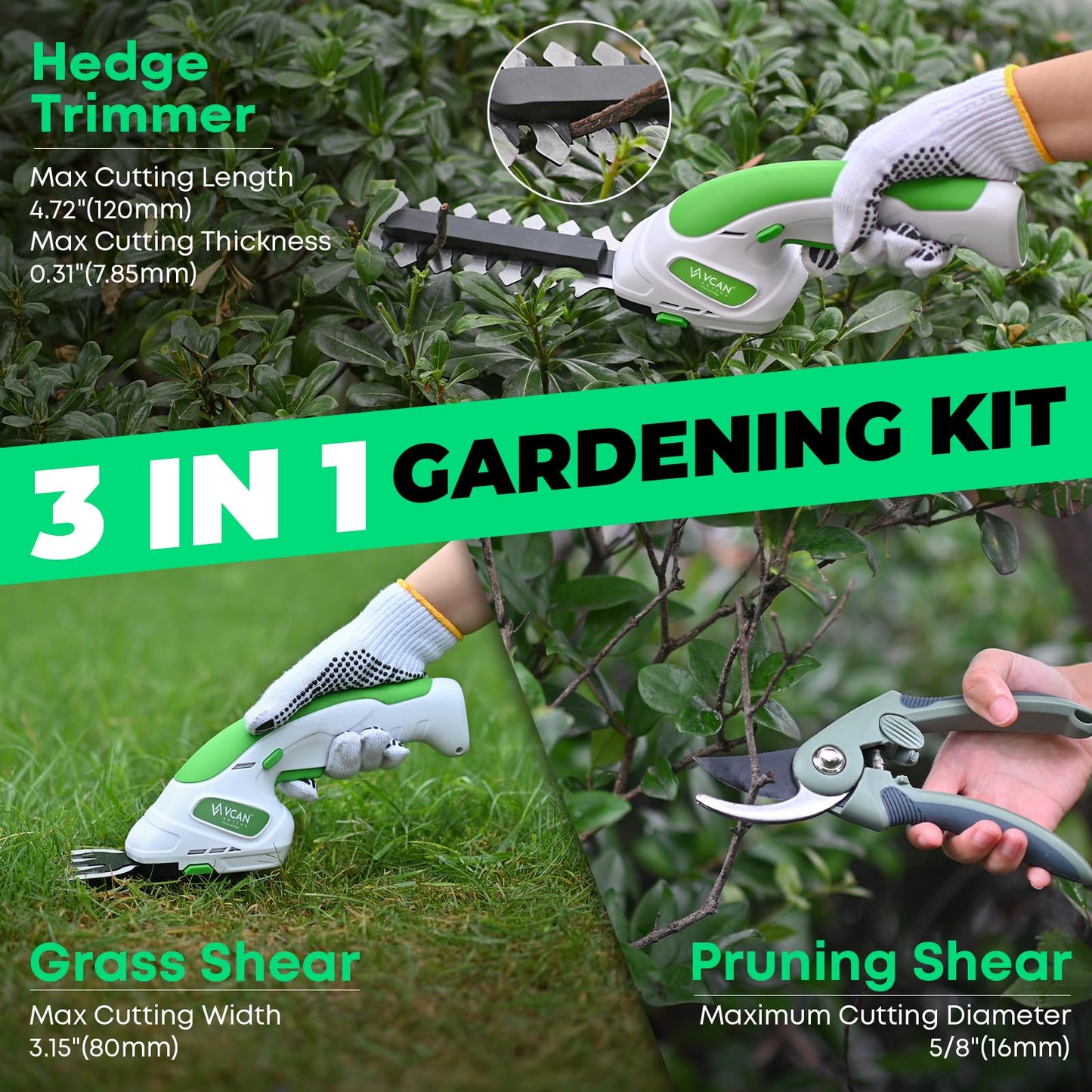 7.2V Hedge Trimmer Cordless | 2-in-1 Handheld Electric Shrub Trimmer & Grass Shear with Pruning Shears | 3.0Ah Lightweight Rechargeable Battery Powered for Garden, Yard, Lawn