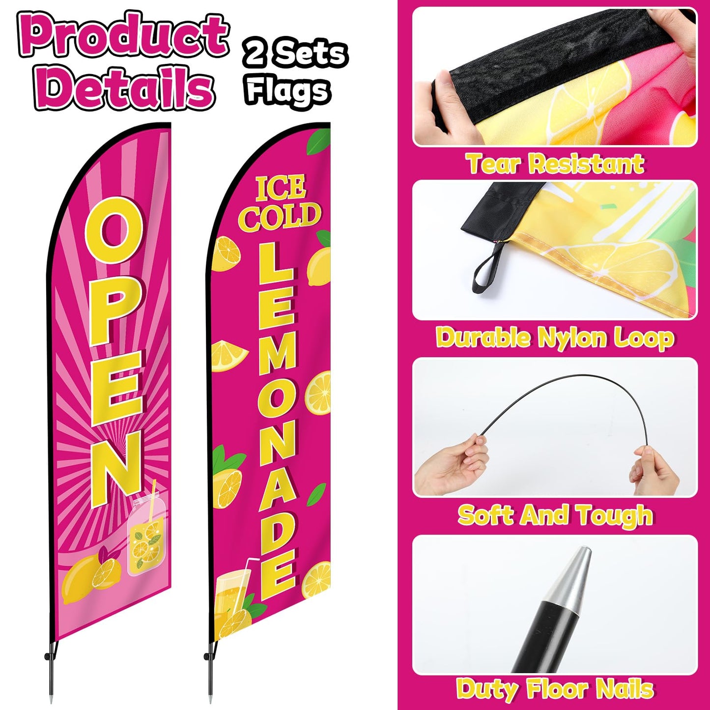 2 Sets Lemonade Feather Flag for Business Advertising 11 FT Summer Lemonade Swooper Flag Sign with Pole Ground Stake Portable Bag Windless Welcome Open Banner for Outside Garden Business Store (Pink)
