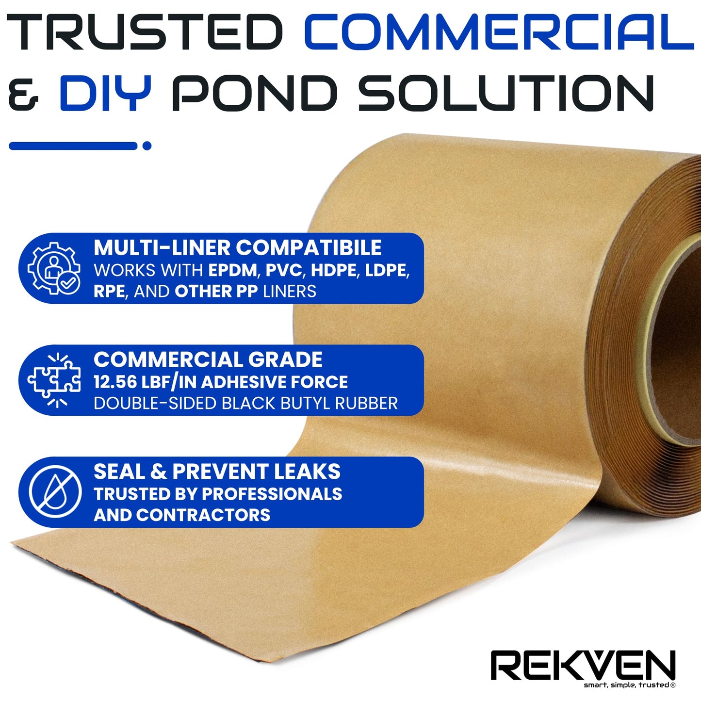 Pond Liner Seam Tape - 30 Feet x 6 Inch - Double Sided Butyl Tape - Bond Seal or Repair EPDM PVC HDPE LDPE RPE LLDPE - Perfect for Small or Large Fish and Koi Ponds Waterfalls and Water Features