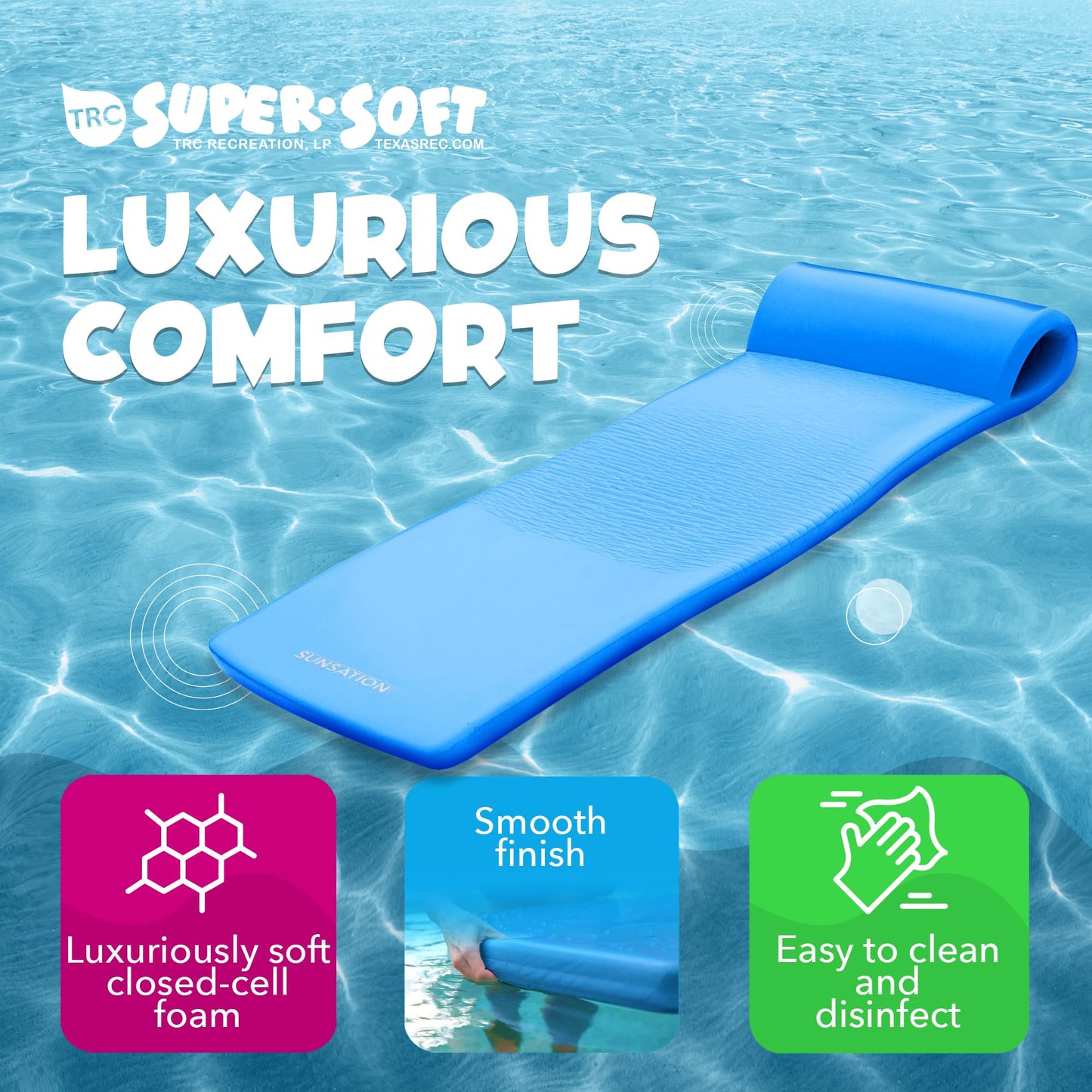 TRC Recreation Sunsation 1.75" Thick Foam Pool Float Lounger w/ Headrest for Lounging & Sunbathing in Swimming Pools, Beaches & Lakes, 70" x 26"