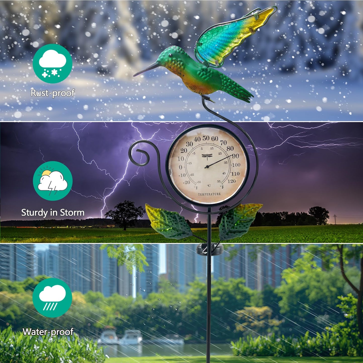 HONGLAND Outdoor Thermometer with Solar & Warm LED Lights, Metal Hummingbird Temperature Stake for Garden, Lawn, Patio, Waterproof Yard Decor