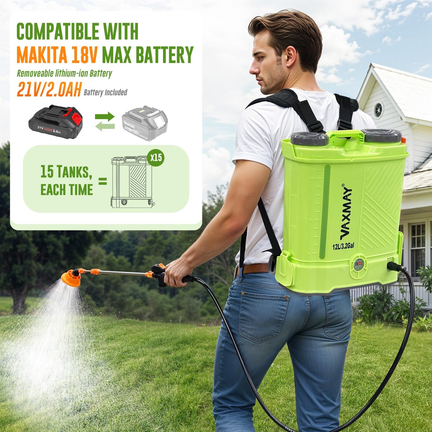 Battery Powered Backpack Sprayer 3.2 Gallon, VAXMAY 80 PSI Electric Garden Sprayer Works with Makita 18V Battery, Weed Lawn Sprayer with Telescopic Wand, 5 Nozzles, 2.0 Ah Battery & Charger Included