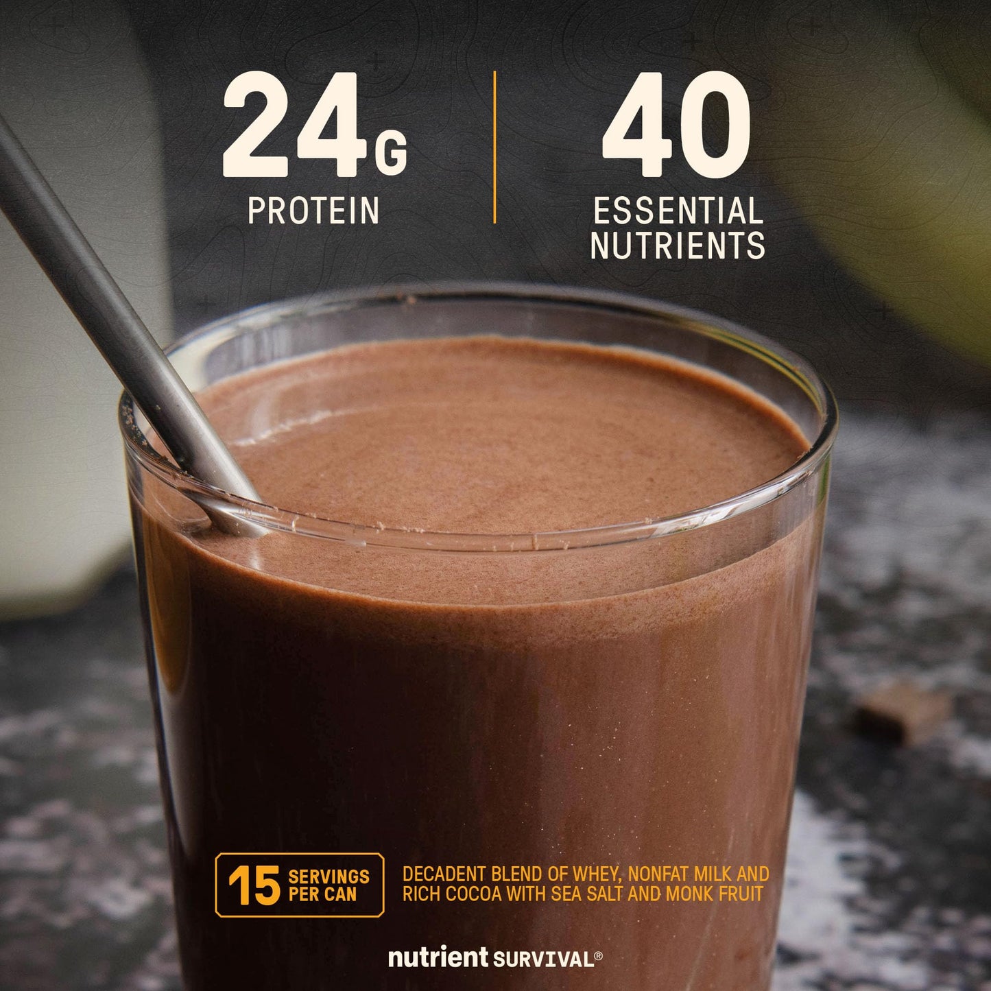 Nutrient Survival Whey Protein Powder Shake Chocolate Shake Gluten-Free, High-Protein Breakfast or Meal Replacement Shake, Perfect Dark Chocolate Smoothie Beverage (15 Servings)