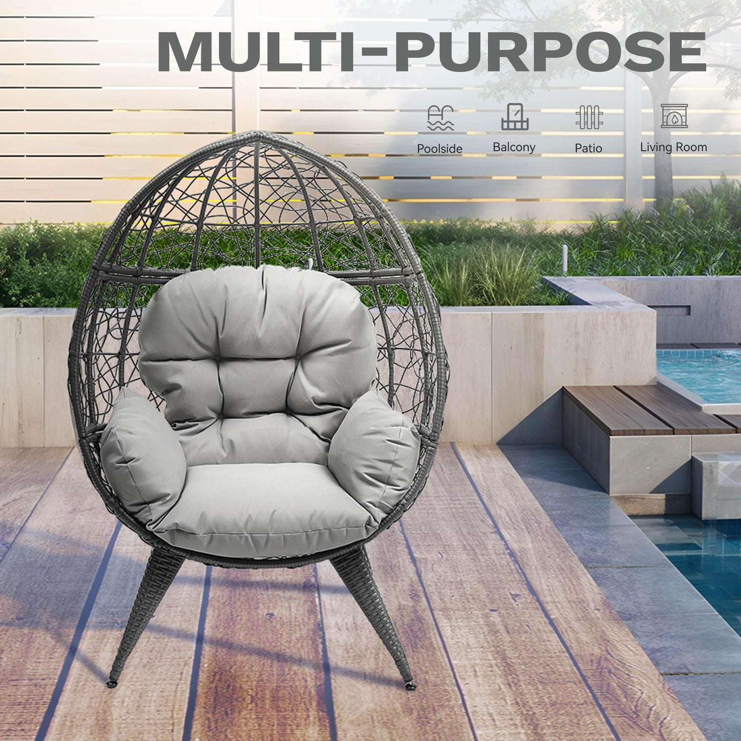 DWVO Oversized Egg Chair with Stand Rattan Outdoor Chairs, Large Lounger Chair with Cushion, Adjustable Leveling Feet, Egg Chair Indoor for Bedroom, Living Room, Outdoor Backyard, Patio, Garden, Grey