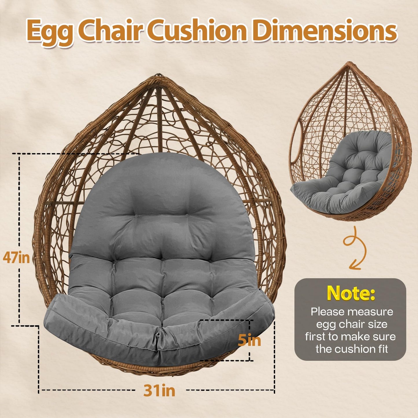 1 MIDDLE ONE Egg Chair Cushion, Indoor Outdoor Hanging Egg Chair Cushions Replacement, Memory Foam Patio Wicker Basket Swing Chair Cushion (Grey, 47 x 33 inch)