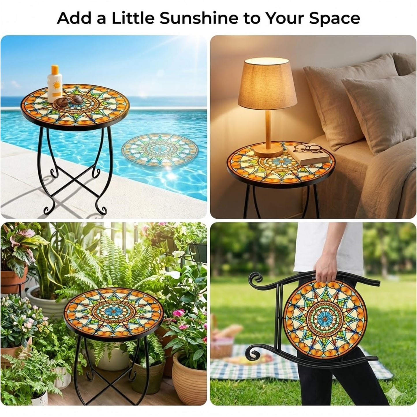 Kaesithar Set of 2 Mosaic Outdoor Side Tables Round, 15 Inch Height - Small Patio Table Set, Foldable Sun Pattern Metal Plant Stands for Garden, Balcony & Yard (Mosaic Sun, 2 Pack)