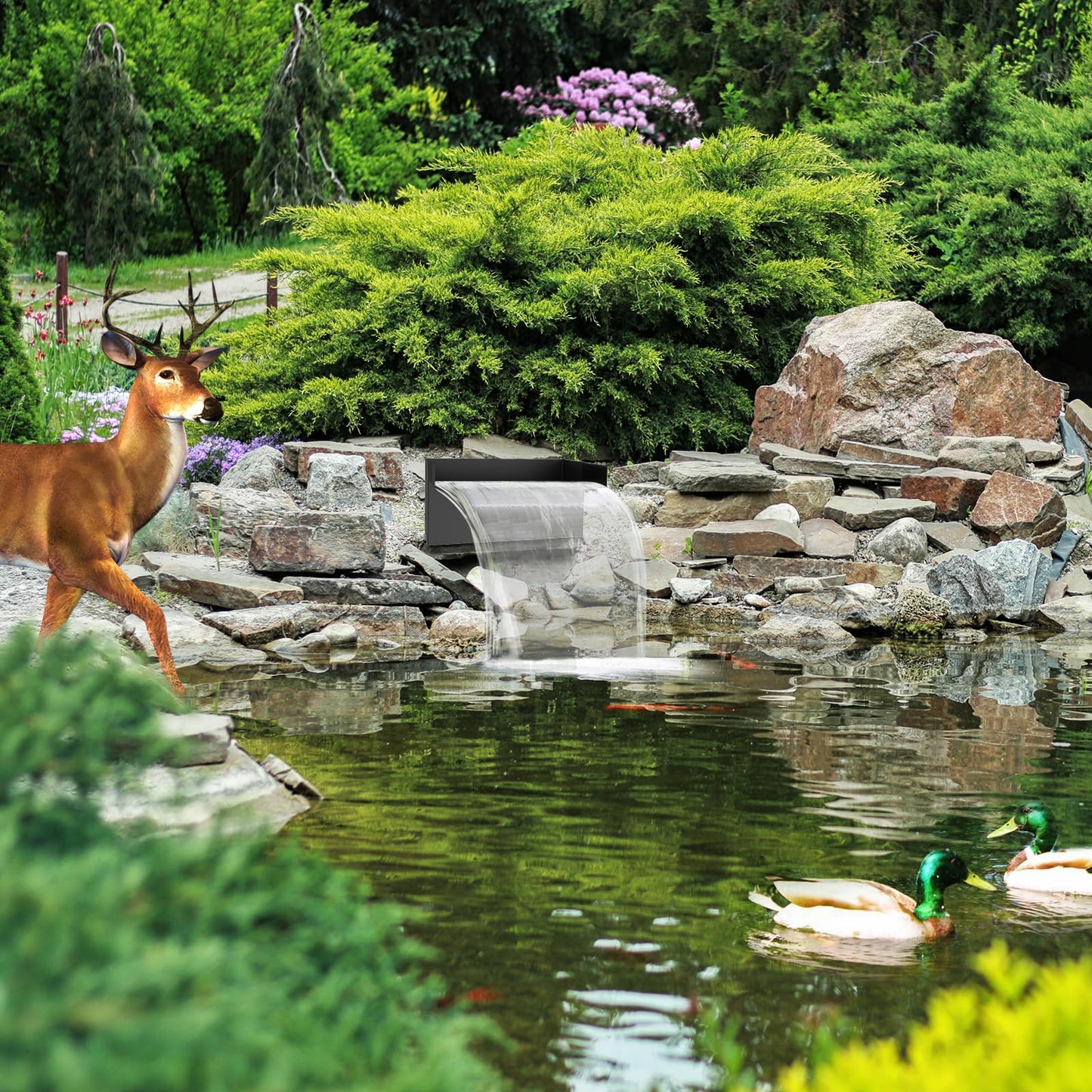 POPOSOAP Pond Waterfall Spillway with Pump Kit, 304 Stainless Steel Pond Waterfall, Pond Spillway with 9.8FT Corrugated Tubing for Garden,Water Features (8“)-P42