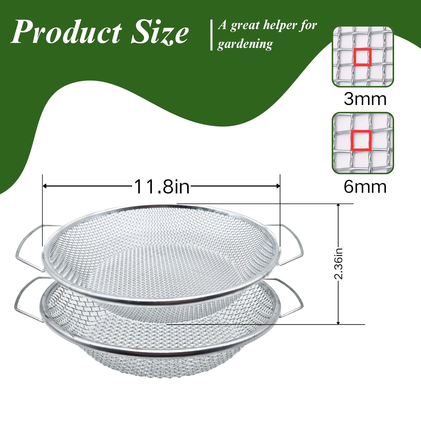 2PCS Soil Sifter for Gardening, Rock Sifter for 5gallon Bucket, Dirt Sifter Compost Sifter, Sifter for Gravel Sawdust Vermicompost, 3mm, 6mm Soil Sifter with Handle
