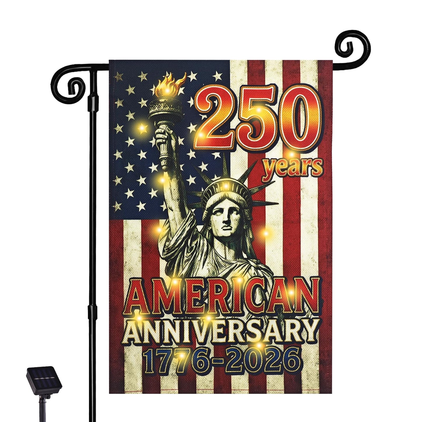 FLAGMESAGE Lighted 250th Anniversary USA Garden Flag for Outside, Solar Led Double-sided Patriotic Banner with 1776-2026 250 Years of American Freedom Design for Independence Day, July 4th Decor (LED Statue of Liberty, 12 x 18 Inch)
