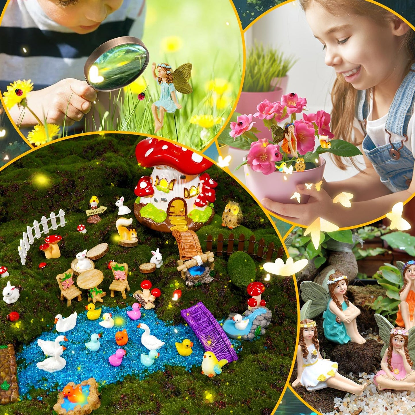 Pamonrueer 56 Pcs Fairy Garden Kit Miniature Mushroom House Set with Fairy Figurines Animals Furniture & Bridge DIY Fairy Garden Accessories for Outdoor Indoor Terrarium Decor