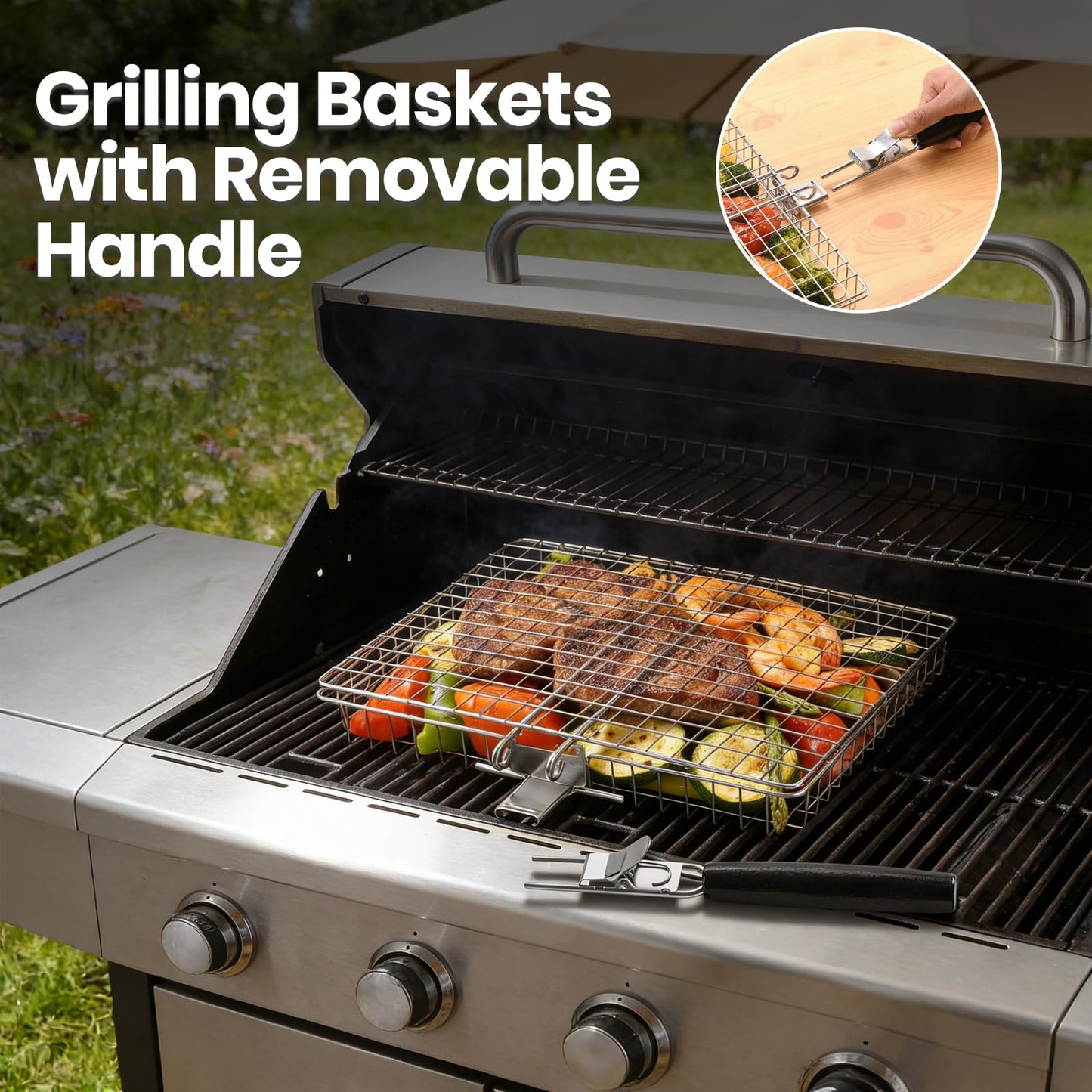 Clheatky 16 PCS Stainless Steel Grill Basket Set, Complete BBQ Grill Accessories for Shrimp, Vegetables & Fish, Portable Grill Basket with Oil Sprayer, Ideal Grilling Gifts for Men Dad Husband
