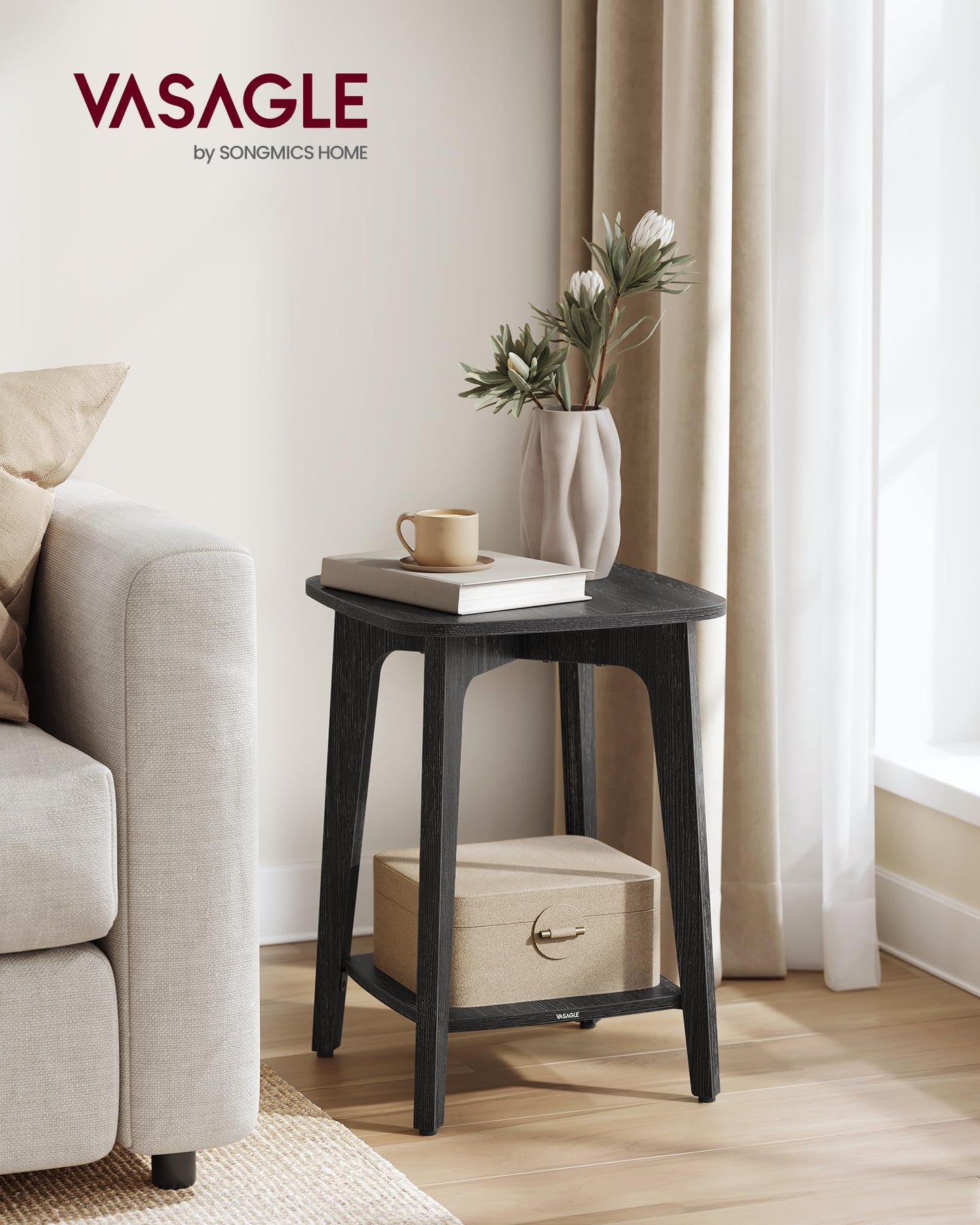 VASAGLE MAEZO Collection - Side Table, 2-Tier Small Square End Table, Nightstand with Tapered Legs, Curved Transitions, for Small Spaces, Living Room, Bedroom, Charcoal Gray ULET236B01