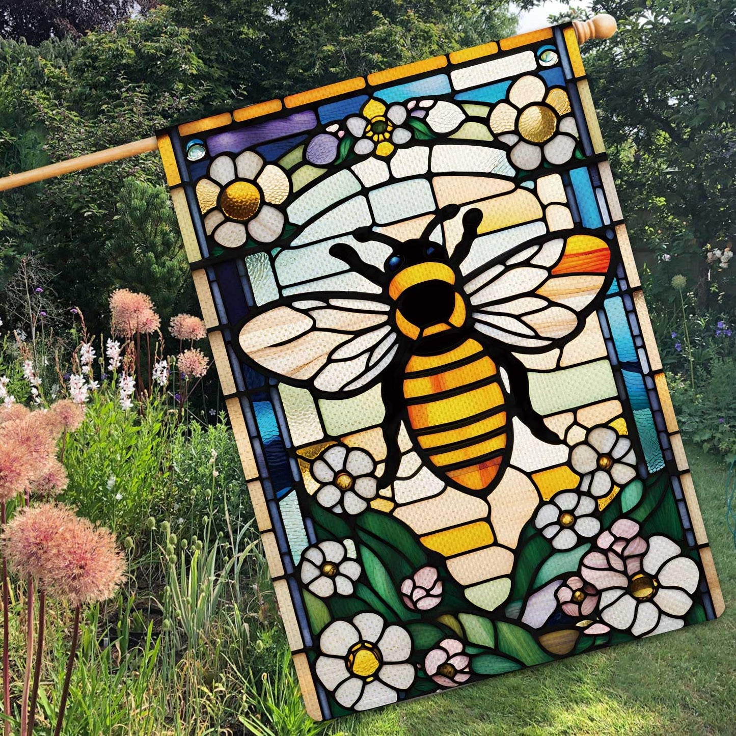 Jauageon Bee Happy Garden Flag Spring Summer Flowers Garden Flag Glass Style Vertical Double Sided Rustic Farmland Burlap Yard Lawn Outdoor Decor 28x40"