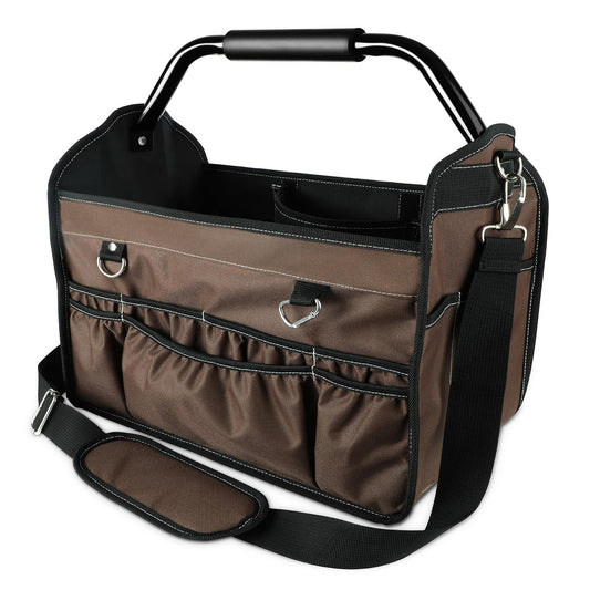 KUNLUN 17-Inch Open Top Tool Bag, Electrician Tool Bag, Tool Tote Bag Organizer for Easy Tool Access, 33 Pockets Foldable Tool Carrier with Rotating Steel Handle and Removable Shoulder Strap, Brown