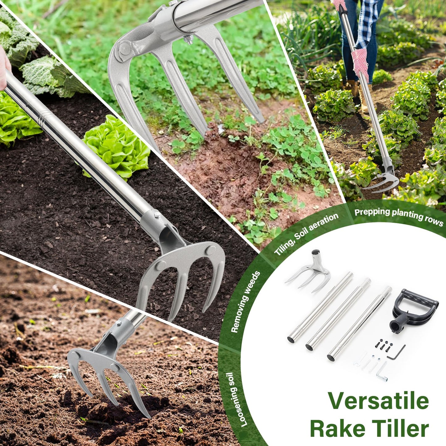 Hand Rake Garden Tool - 57" Long Handle Soil Tiller Cultivator Weeding Rake, 3-Tine Heavy Duty Carbon Steel with D-Grip for Effortless Weeds Digging, Soil Loosening, Planting